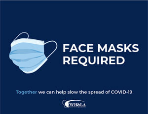 Blue mask required signage. Light blue illustration of face mask on left side of 