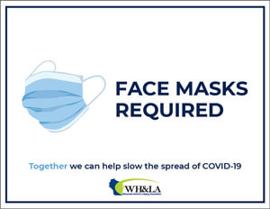 White mask required signage with blue outline frame. Light blue illustration of face mask on left side of 